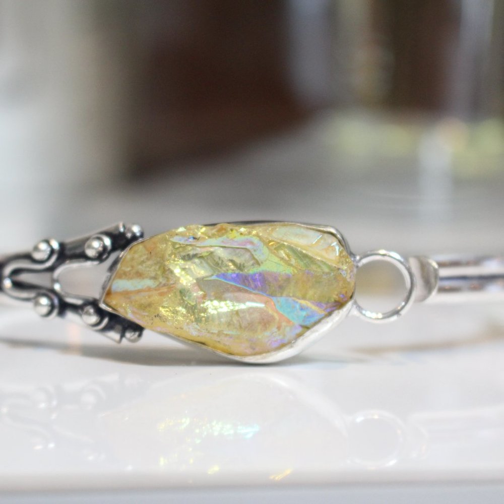 Yellow Titanium Druzy Sterling Silver Gemstone Bangle Bracelet - Picture 4 of 9
